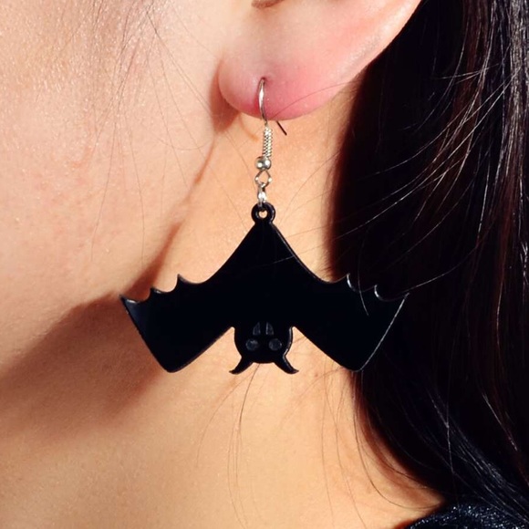 Any 2/&$20! Black Shiny Acrylic Hanging Bat Drop Earrings - Picture 5 of 9